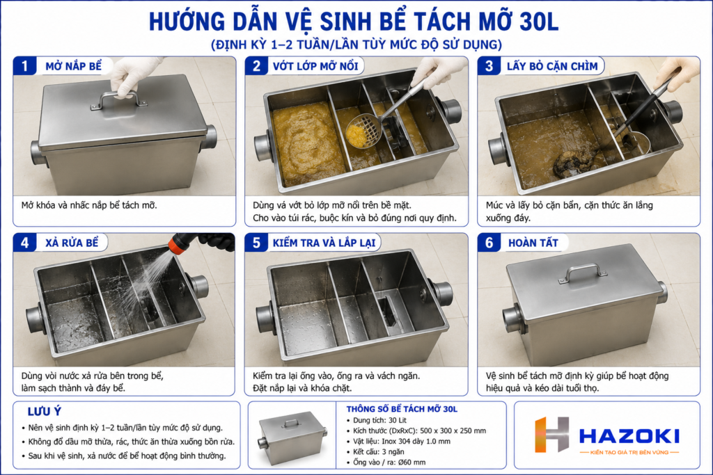 Vệ sinh bể tách mỡ inox 30L Hazoki
