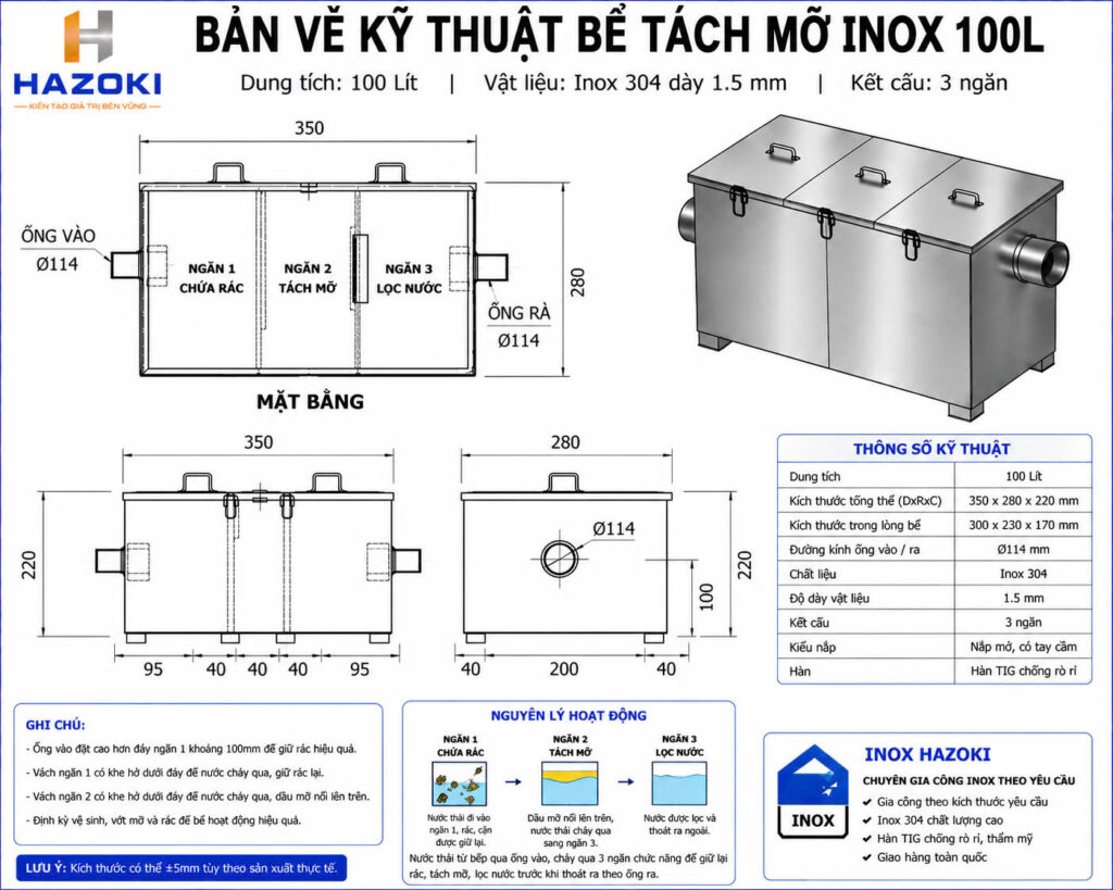 Bản vẽ kỹ thuật bể tách mỡ inox 100L