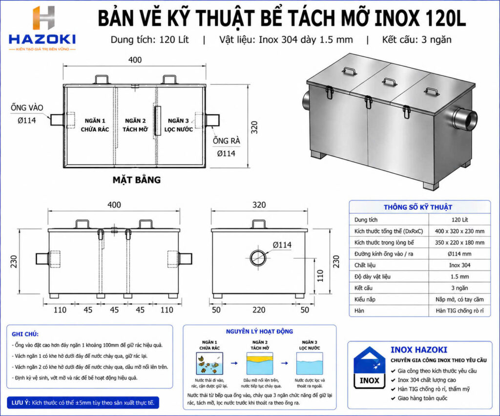 Bản vẽ kỹ thuật bể tách mỡ inox 120L
