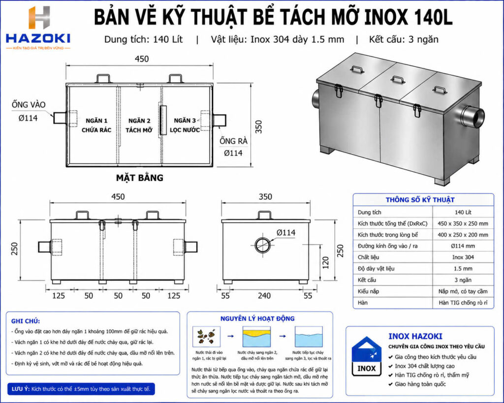 Bản vẽ kỹ thuật bể tách mỡ inox 140L