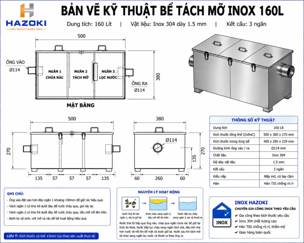 Bản vẽ kỹ thuật bể tách mỡ inox 160L
