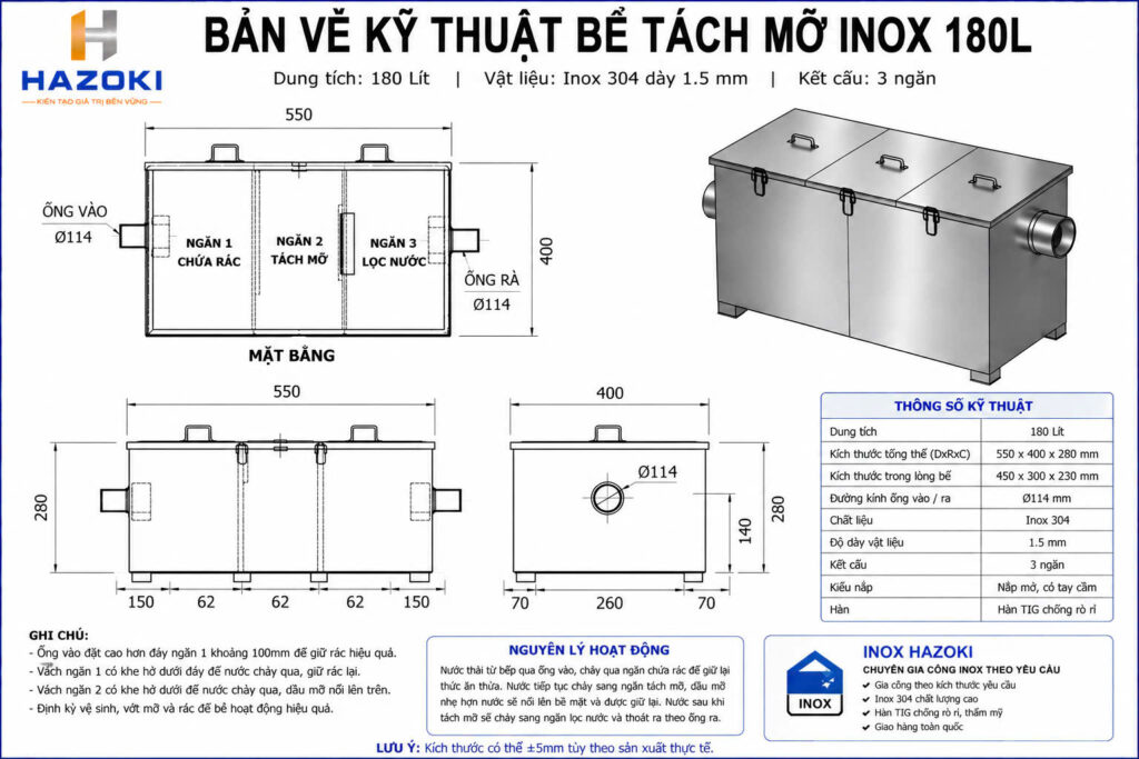 Bản vẽ kỹ thuật bể tách mỡ inox 180L