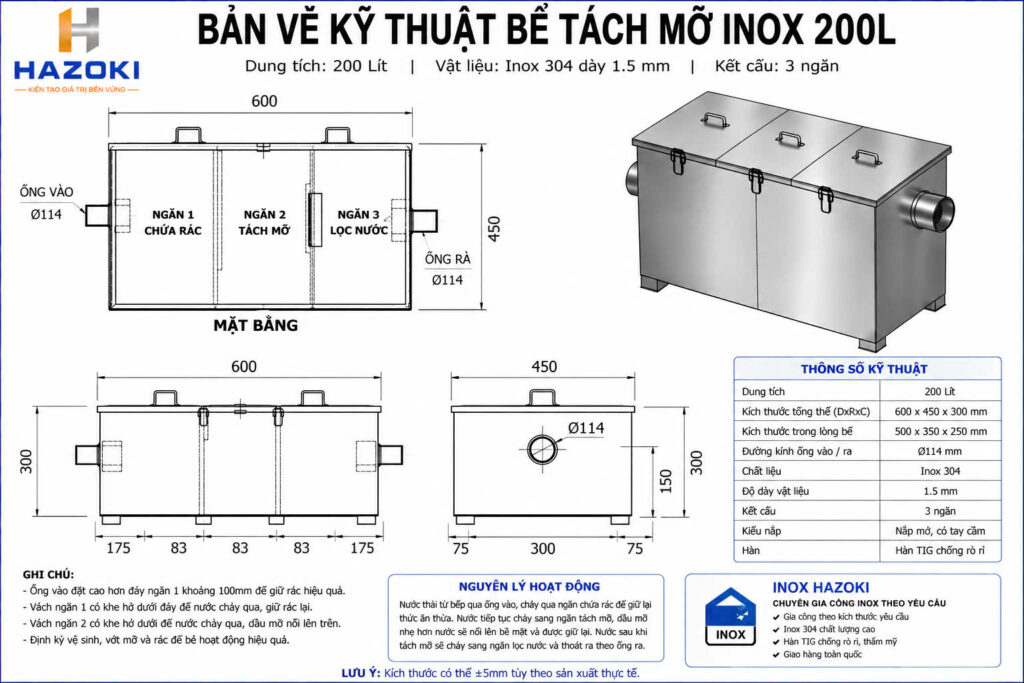 Bản vẽ kỹ thuật bể tách mỡ inox 200L