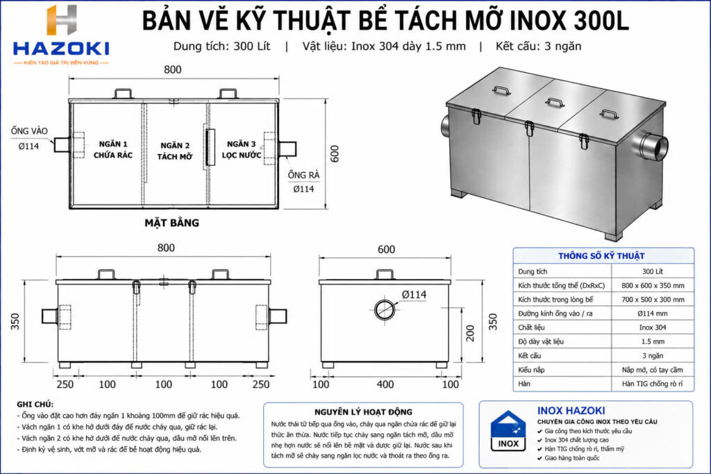 Bản vẽ kỹ thuật bể tách mỡ inox 400L