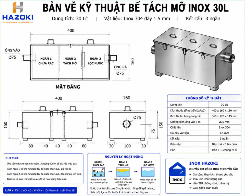 Bản vẽ kỹ thuật bể tách mỡ inox 30L
