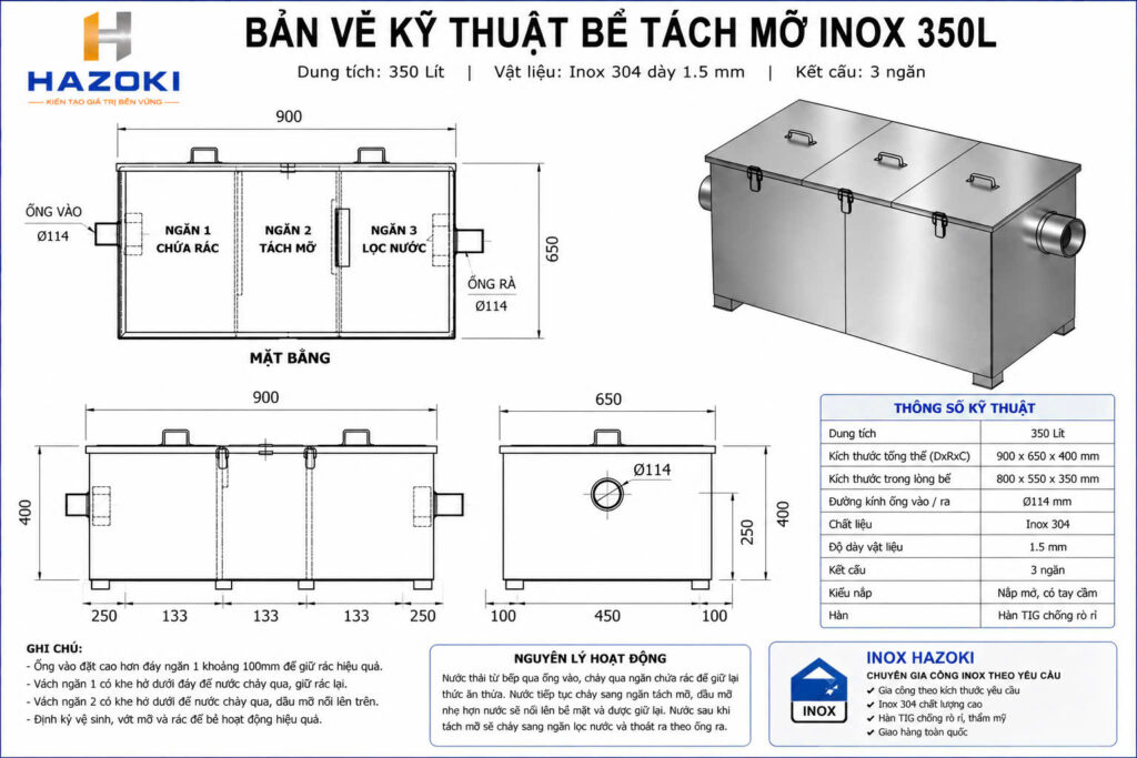 Bản vẽ kỹ thuật bể tách mỡ inox 350L