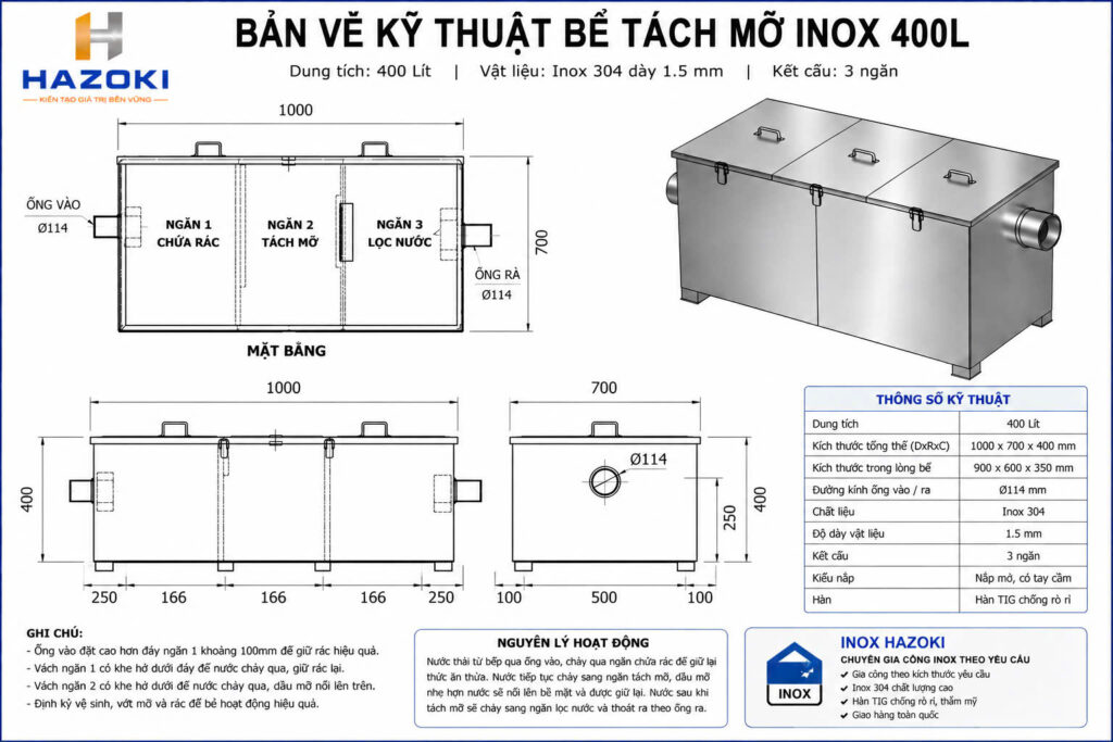 Bản vẽ kỹ thuật bể tách mỡ inox 400L