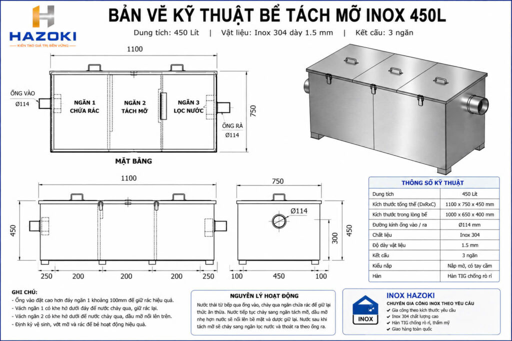Bản vẽ kỹ thuật bể tách mỡ inox 500L