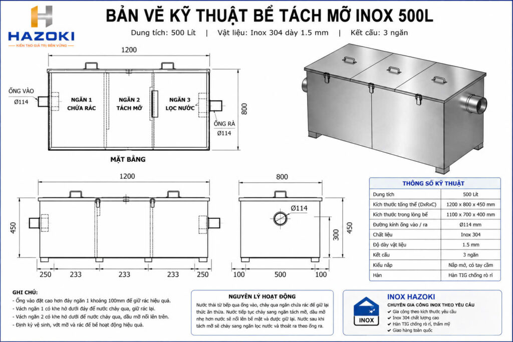 Bản vẽ kỹ thuật bể tách mỡ inox 500L