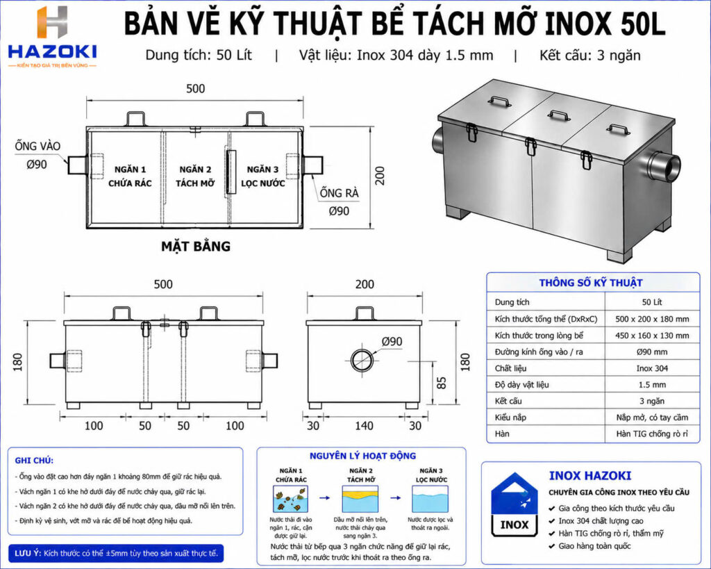 Bản vẽ kỹ thuật bể tách mỡ inox 50L