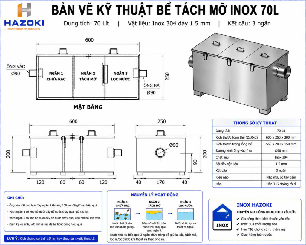 Bản vẽ kỹ thuật bể tách mỡ inox 70L