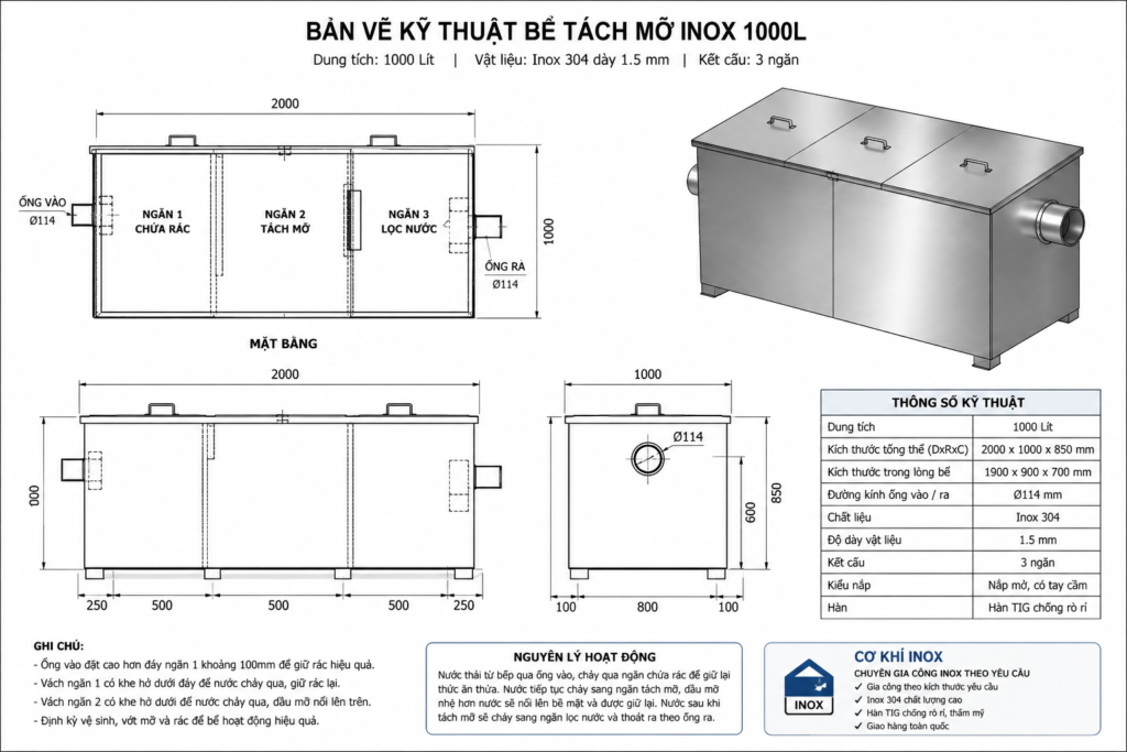 Bản vẽ kỹ thuật bể tách mỡ inox 1000L