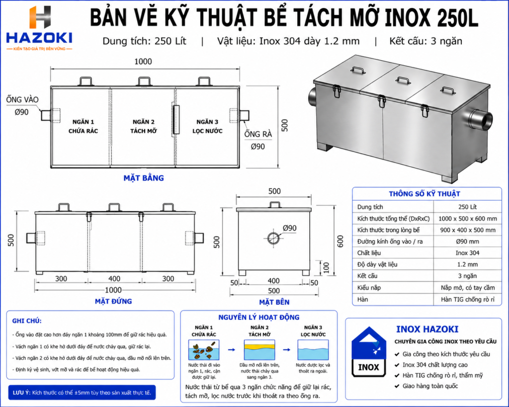Bản vẽ kỹ thuật bể tách mỡ inox 250L
