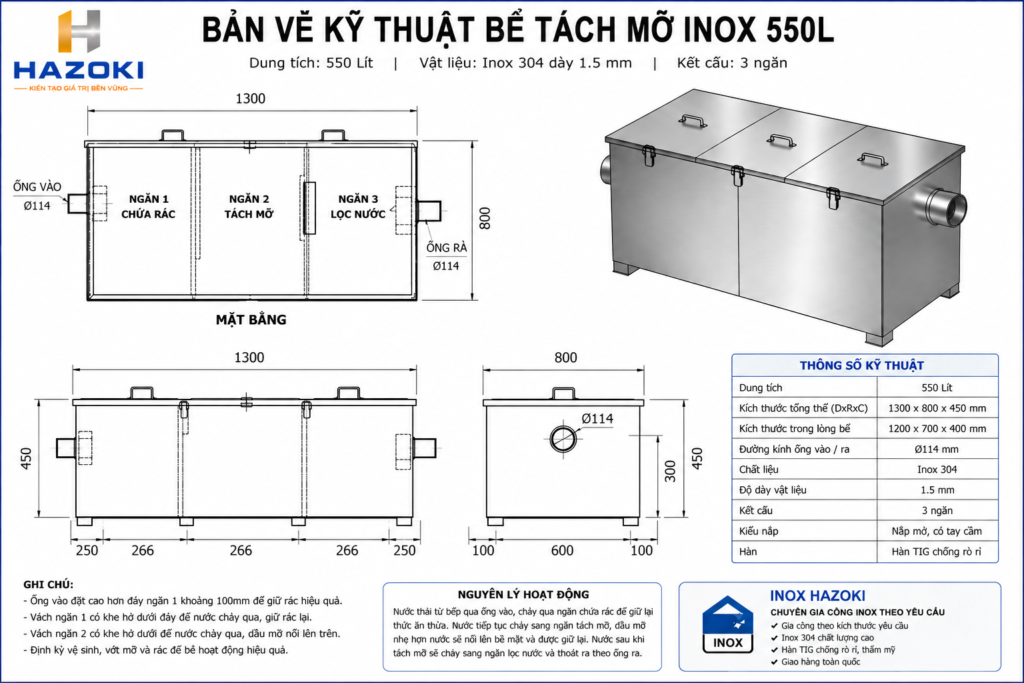 Bản vẽ kỹ thuật bể tách mỡ inox 550L