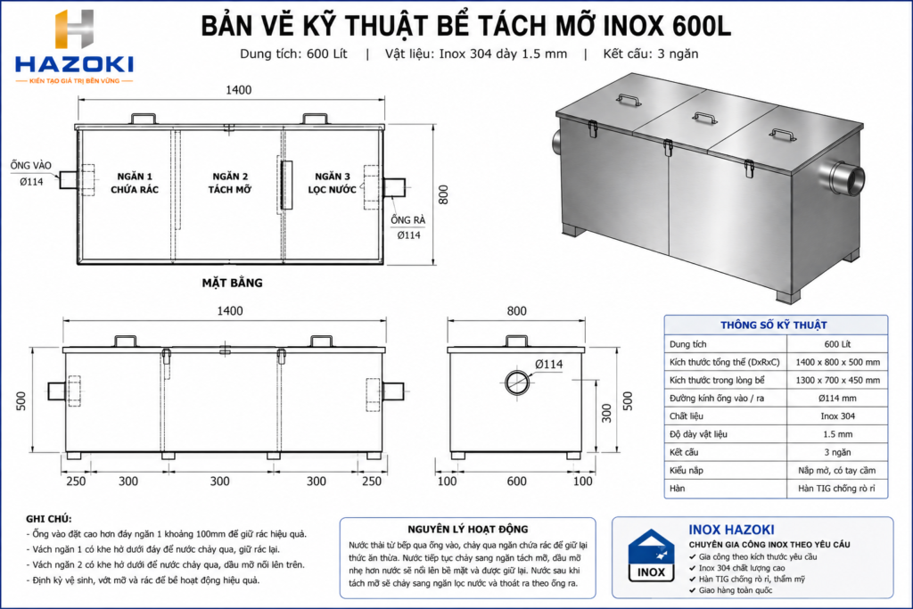 Bản vẽ kỹ thuật bể tách mỡ inox 600L