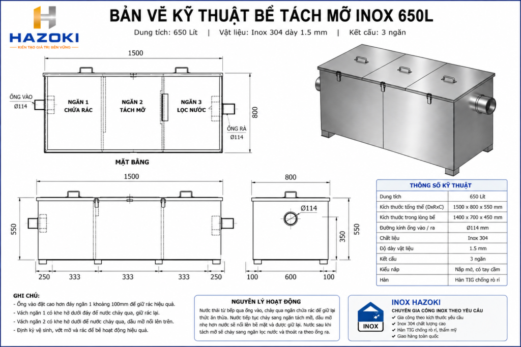 Bản vẽ kỹ thuật bể tách mỡ inox 650L