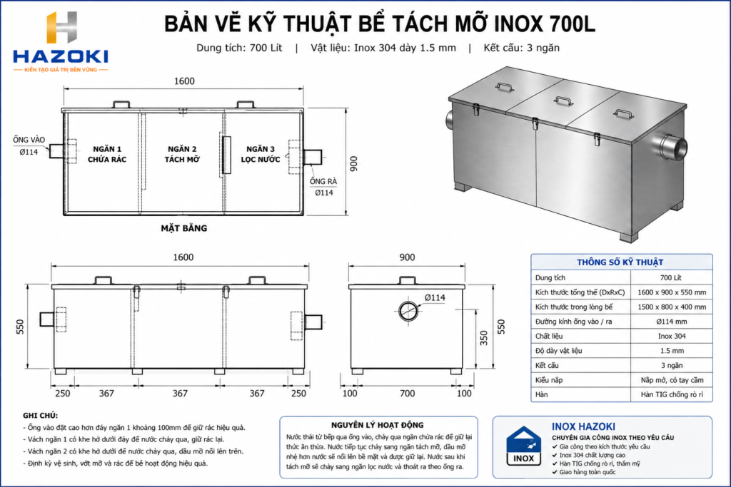 Bản vẽ kỹ thuật bể tách mỡ inox 800L