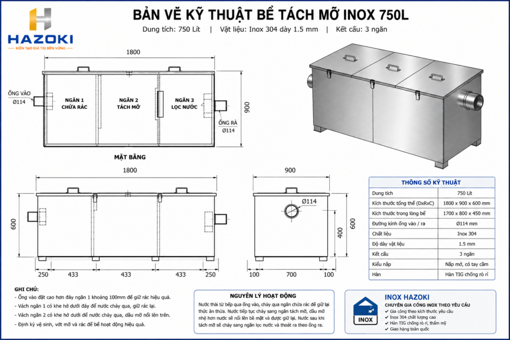 Bản vẽ kỹ thuật bể tách mỡ inox 750L