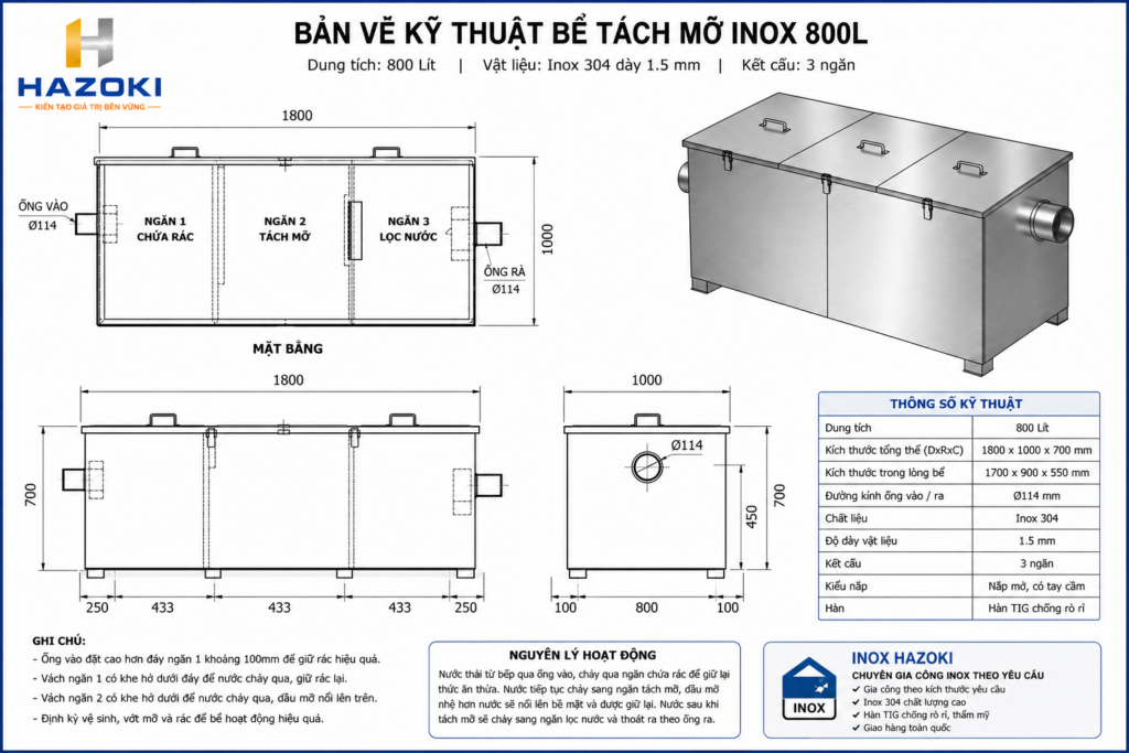 Bản vẽ kỹ thuật bể tách mỡ inox 800L