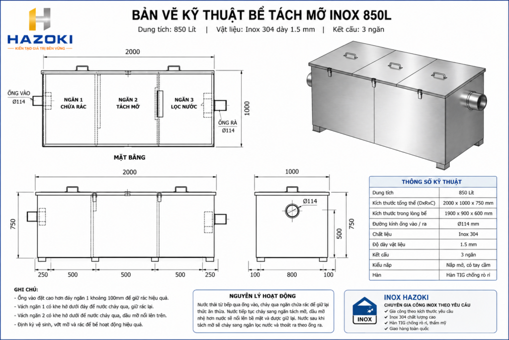 Bản vẽ kỹ thuật bể tách mỡ inox 850L