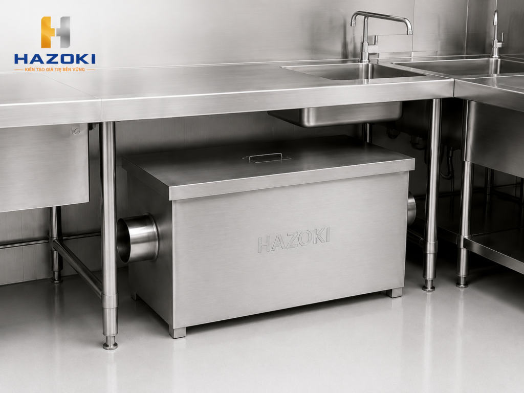 Lắp đặt bể tách mỡ inox 120L Hazoki