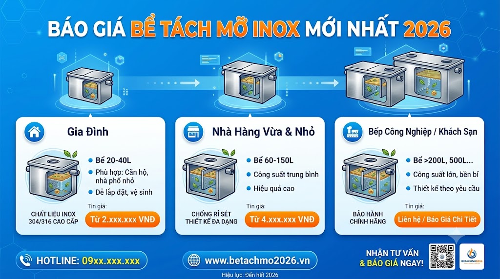 Báo giá bể tách mỡ inox Hazoki nhiều dung tích từ 30L đến 1000L.