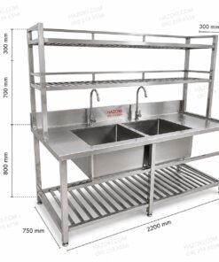 Chậu rửa công nghiệp 2 hố 2200mm có kệ