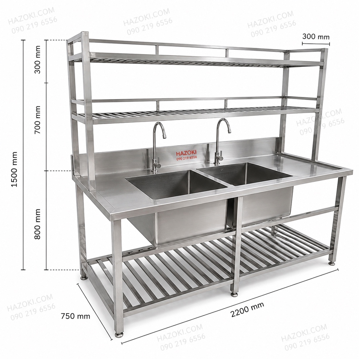 Chậu rửa công nghiệp 2 hố có bàn và kệ inox