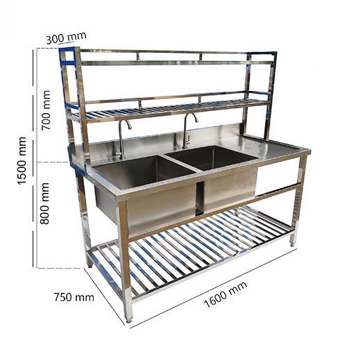 Chậu rửa công nghiệp 2 hố có bàn và kệ inox