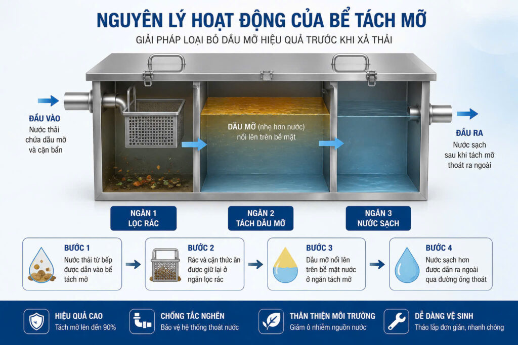 Nguyên lý hoạt động của bể tách mỡ inox