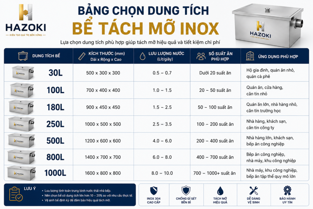 Bảng lựa chọn dung tích bể tách mỡ inox theo số suất ăn