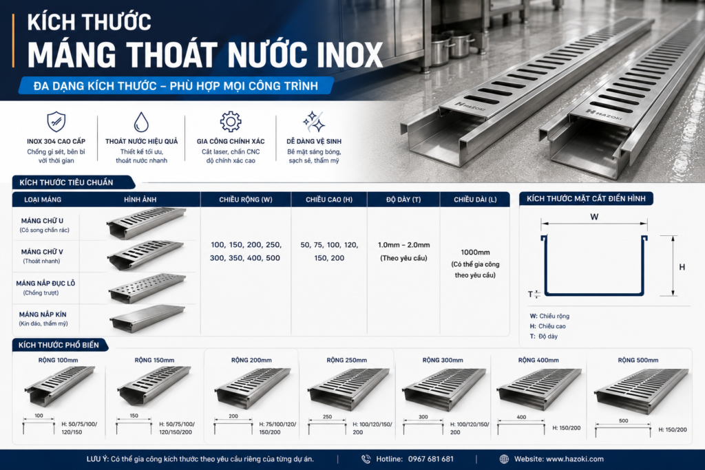 Các kích thước máng thoát nước inox phổ biến
