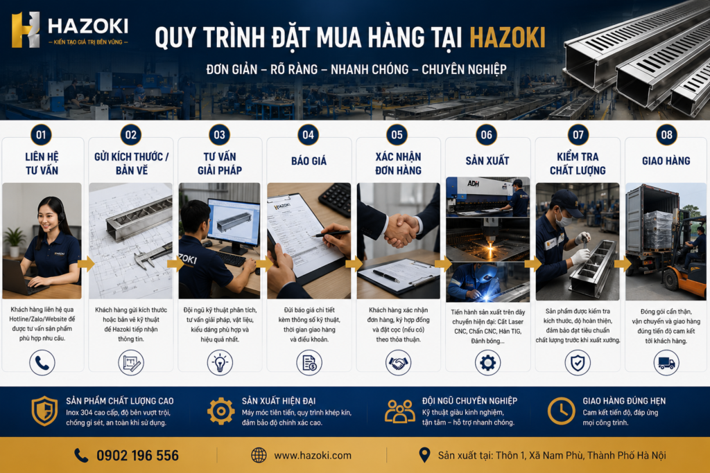 Quy trình đặt hàng máng thoát nước inox tại hazoki