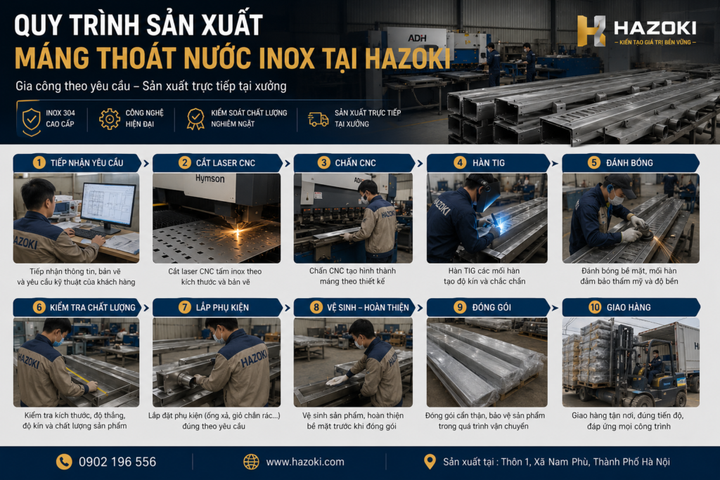 Quy trình sản xuất máng thoát nước inox 304 tại Hazoki