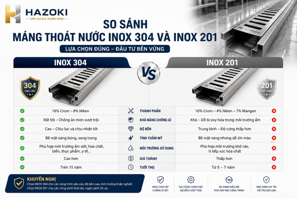 So sánh máng thoát nước inox 304 và inox 201