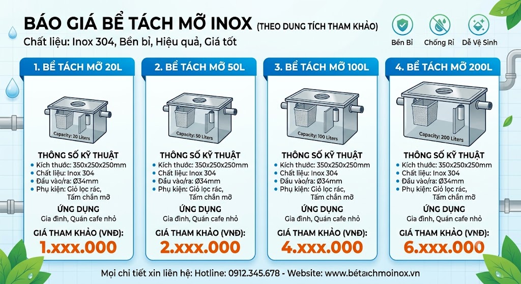 Báo giá bể tách mỡ inox theo từng dung tích tham khảo.