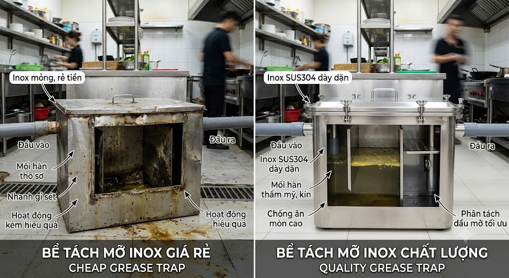 So sánh bể tách mỡ inox giá rẻ và bể tách mỡ inox chất lượng.