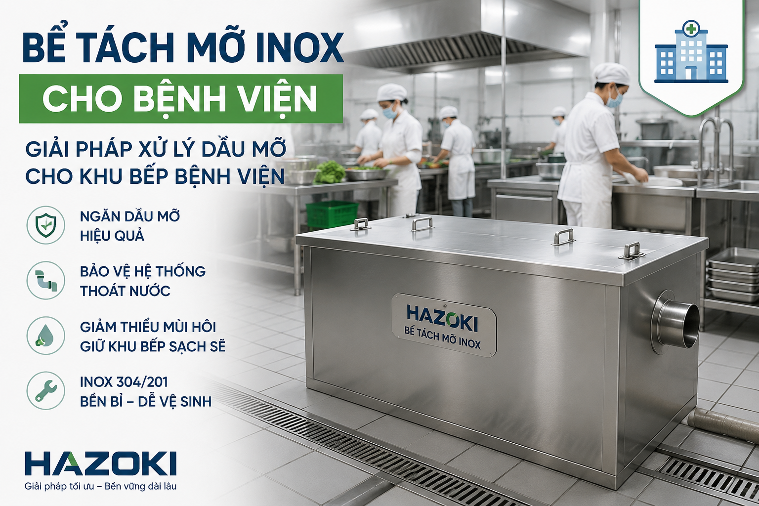 Bể tách mỡ inox cho bệnh viện do Hazoki sản xuất.