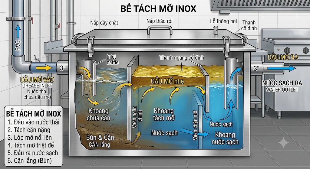 Bể tách mỡ inox hoạt động như thế nào