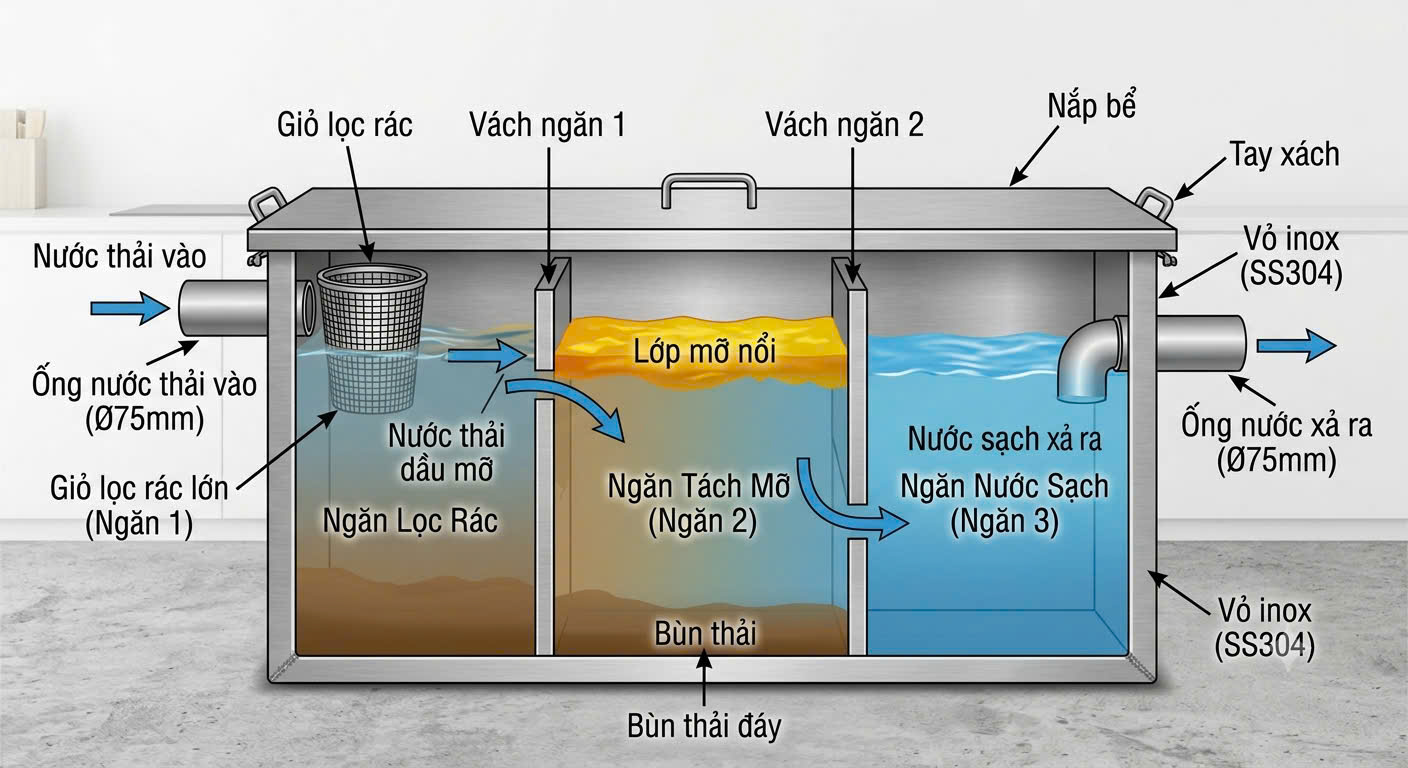 Sơ đồ cấu tạo bể tách mỡ inox 3 ngăn