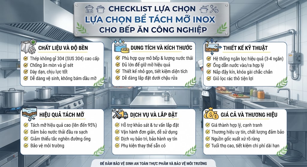 Checklist lựa chọn bể tách mỡ inox cho bếp ăn công nghiệp.