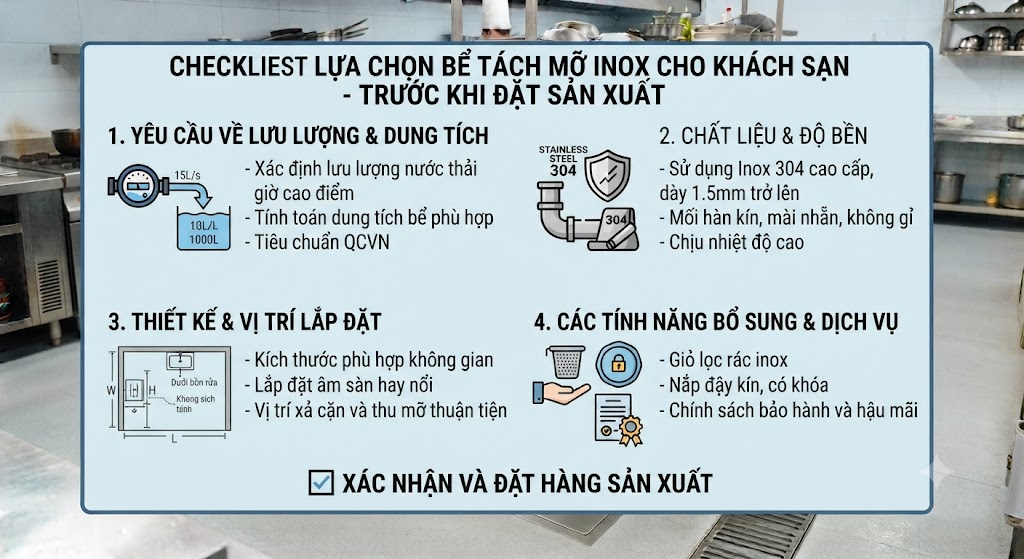 Checklist lựa chọn bể tách mỡ inox cho khách sạn trước khi đặt sản xuất.