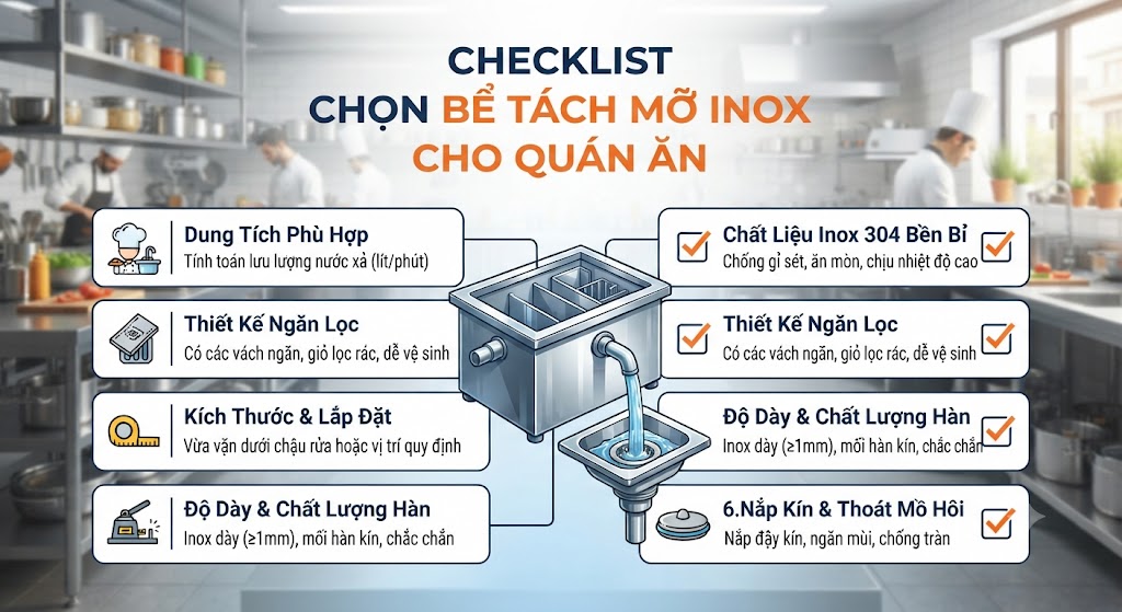 Checklist lựa chọn bể tách mỡ inox cho quán ăn trước khi đặt mua.