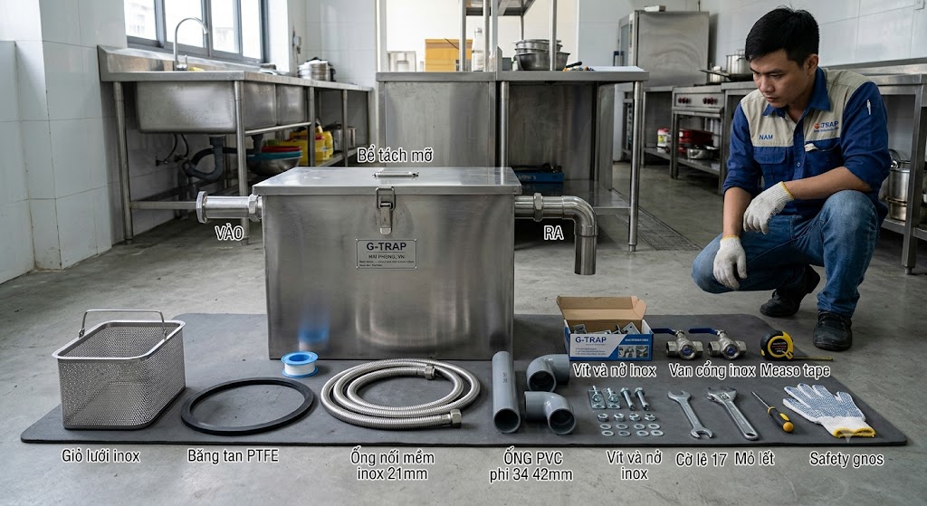 Chuẩn bị bể tách mỡ inox và phụ kiện trước khi tiến hành lắp đặt.