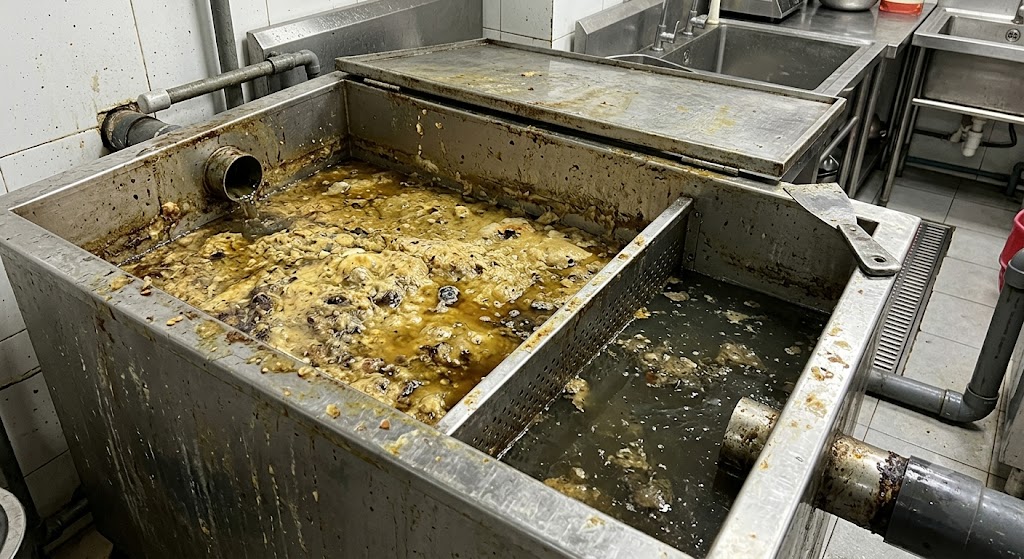 Dầu mỡ và cặn thực phẩm tích tụ trong bể tách mỡ