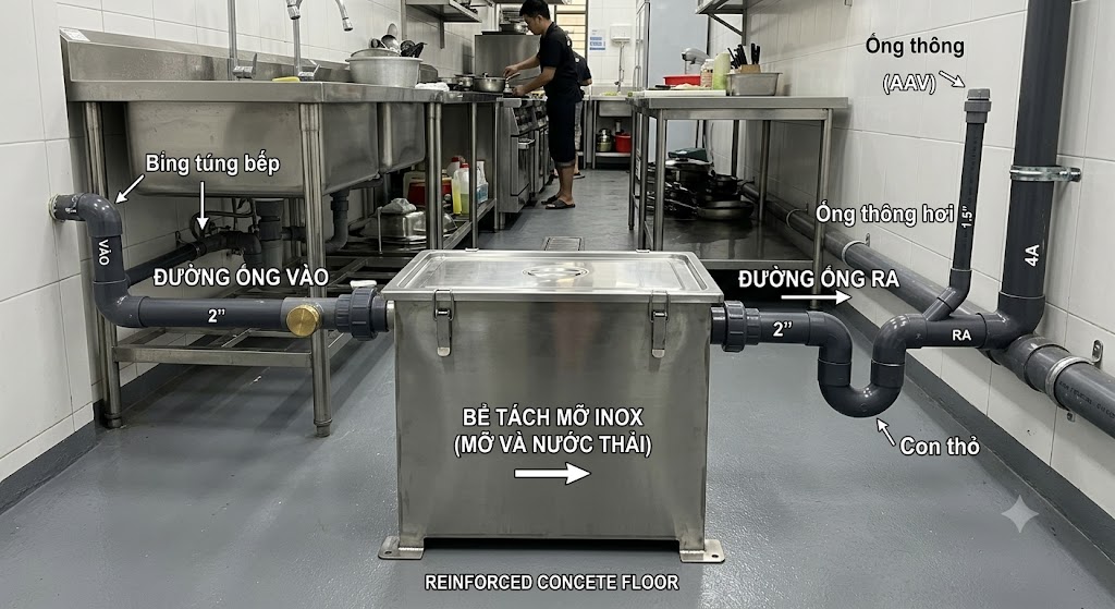 Đấu nối đường ống vào và ra của bể tách mỡ inox đúng kỹ thuật.