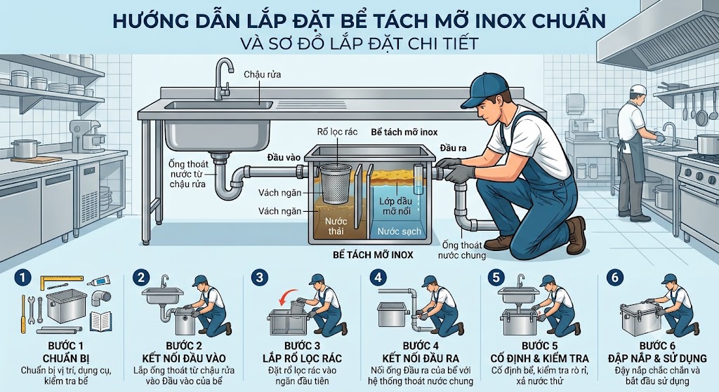 hướng dẫn lắp đặt bể tách mỡ inox 200L