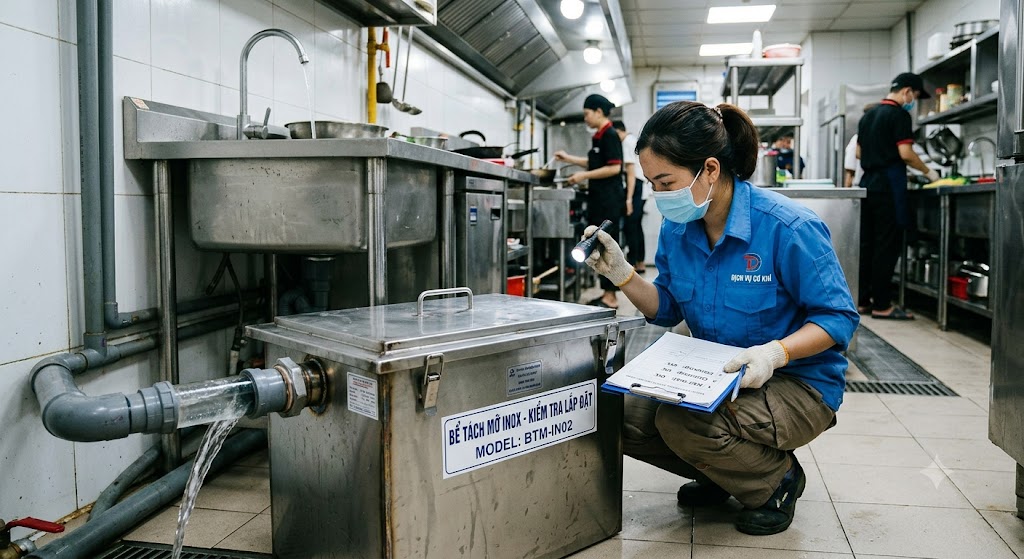 Kiểm tra bể tách mỡ inox sau khi lắp đặt