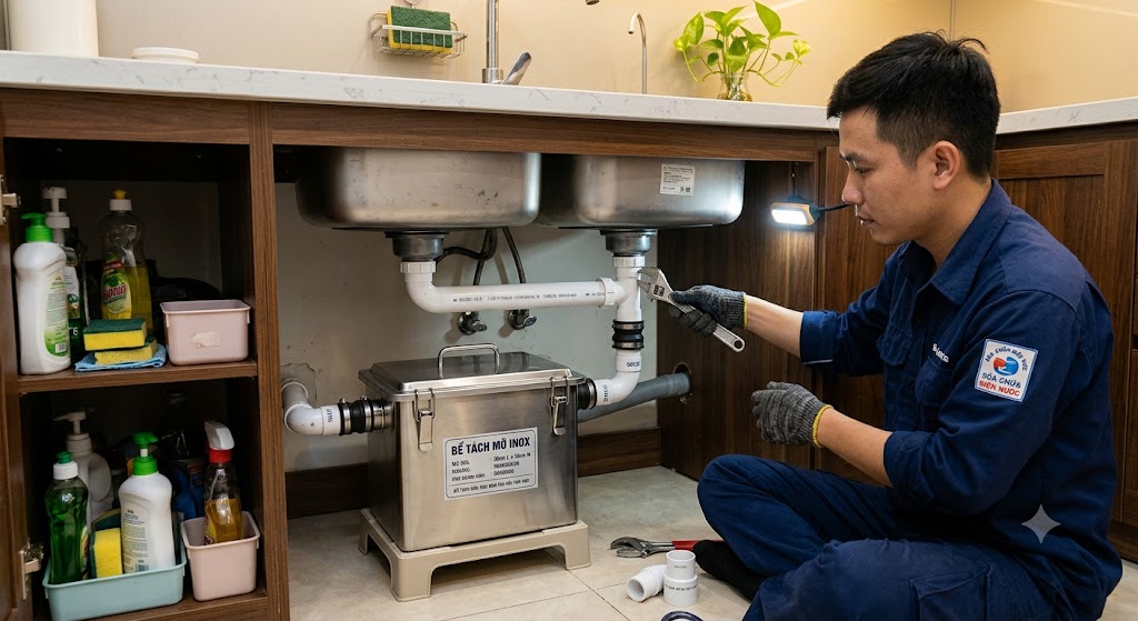 Lắp đặt bể tách mỡ inox cho khu bếp gia đình.