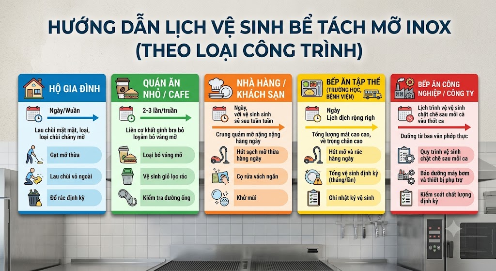 Vệ sinh định kỳ bể tách mỡ inox gia đình để duy trì hiệu quả hoạt động.